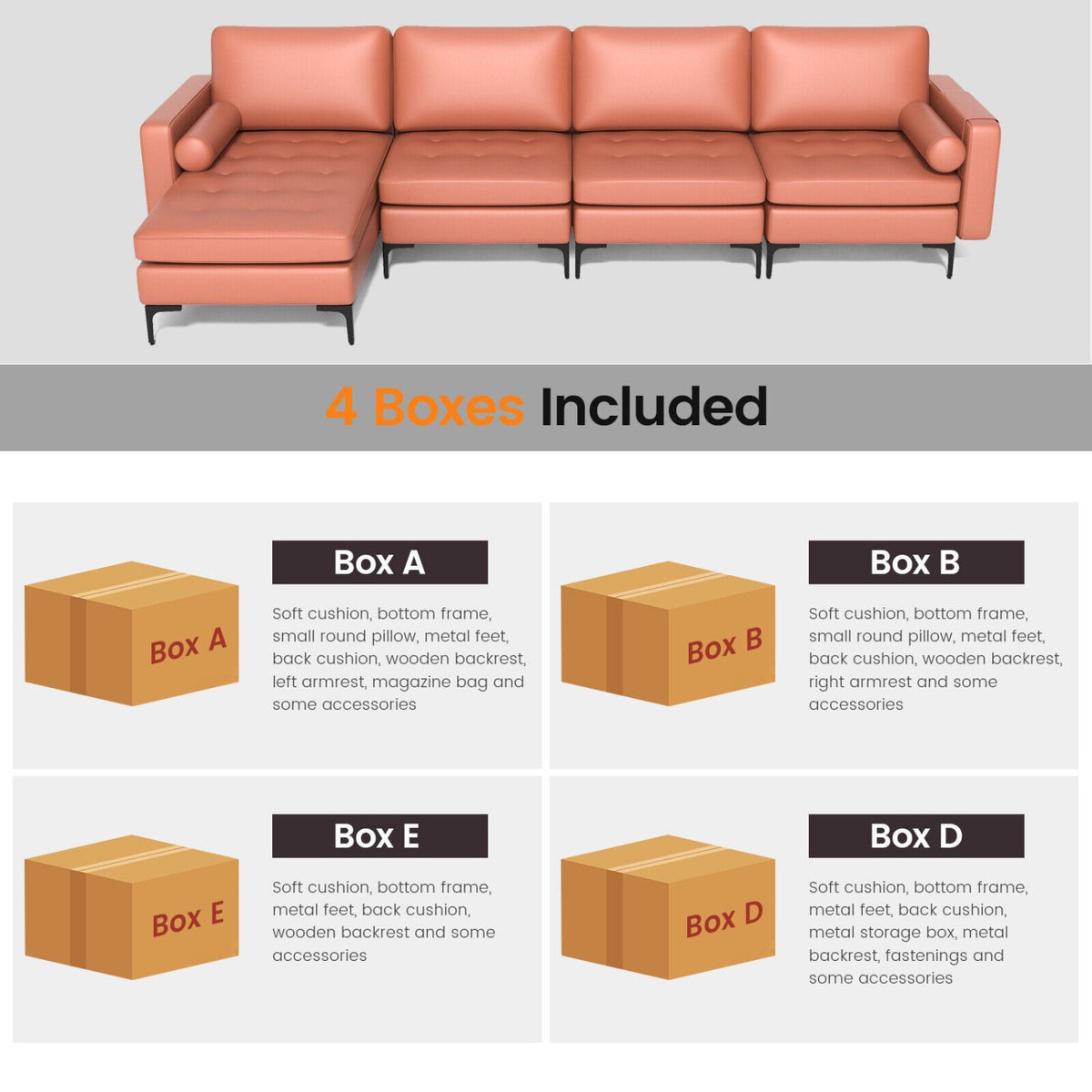Modular Modern L-shaped Sectional Sofa with Reversible Chaise and 2 USB Ports-Pink view 8