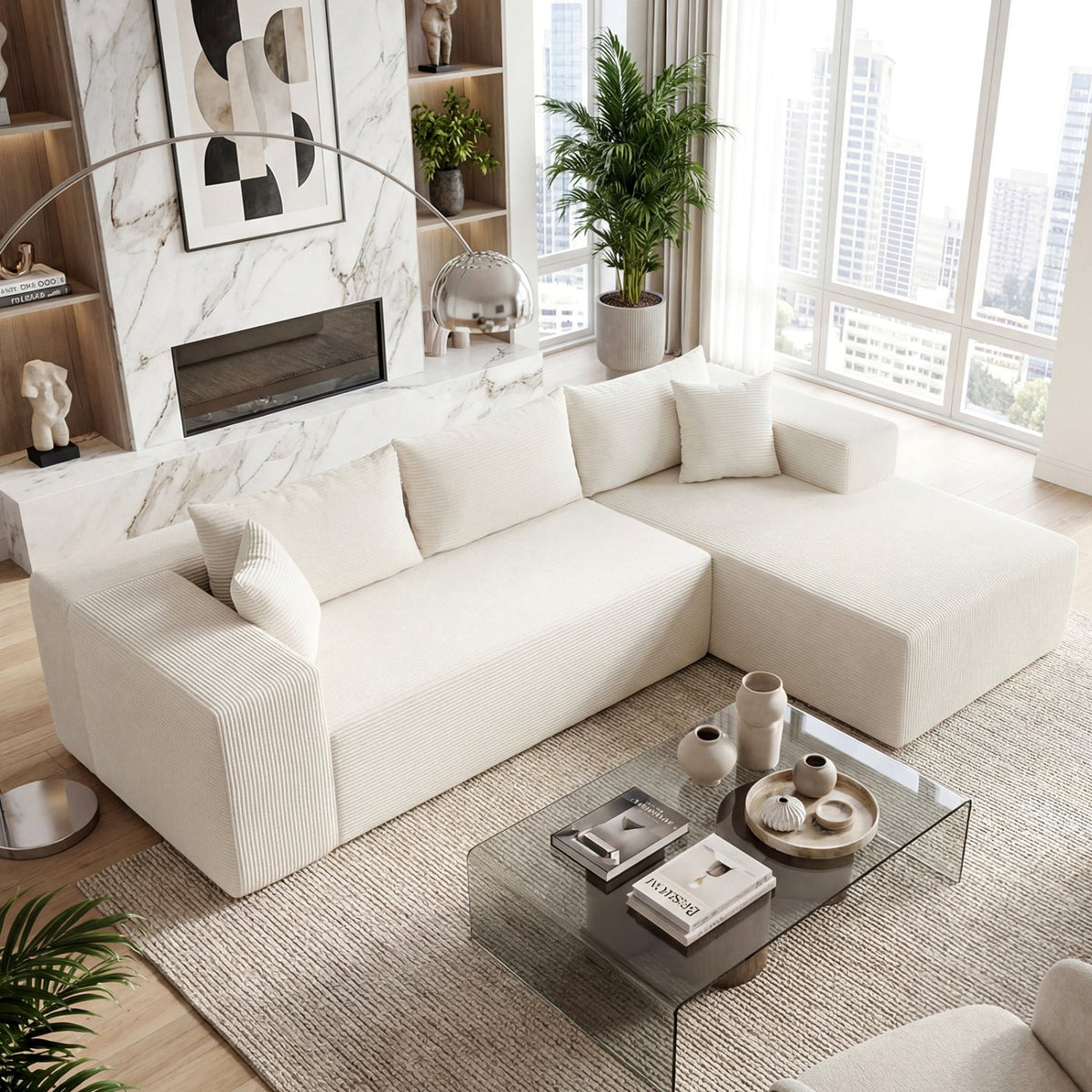 Modular Sectional Sofa Corduroy Upholstered L-shaped Sofa Couch with Deep Seats-Beige view 2