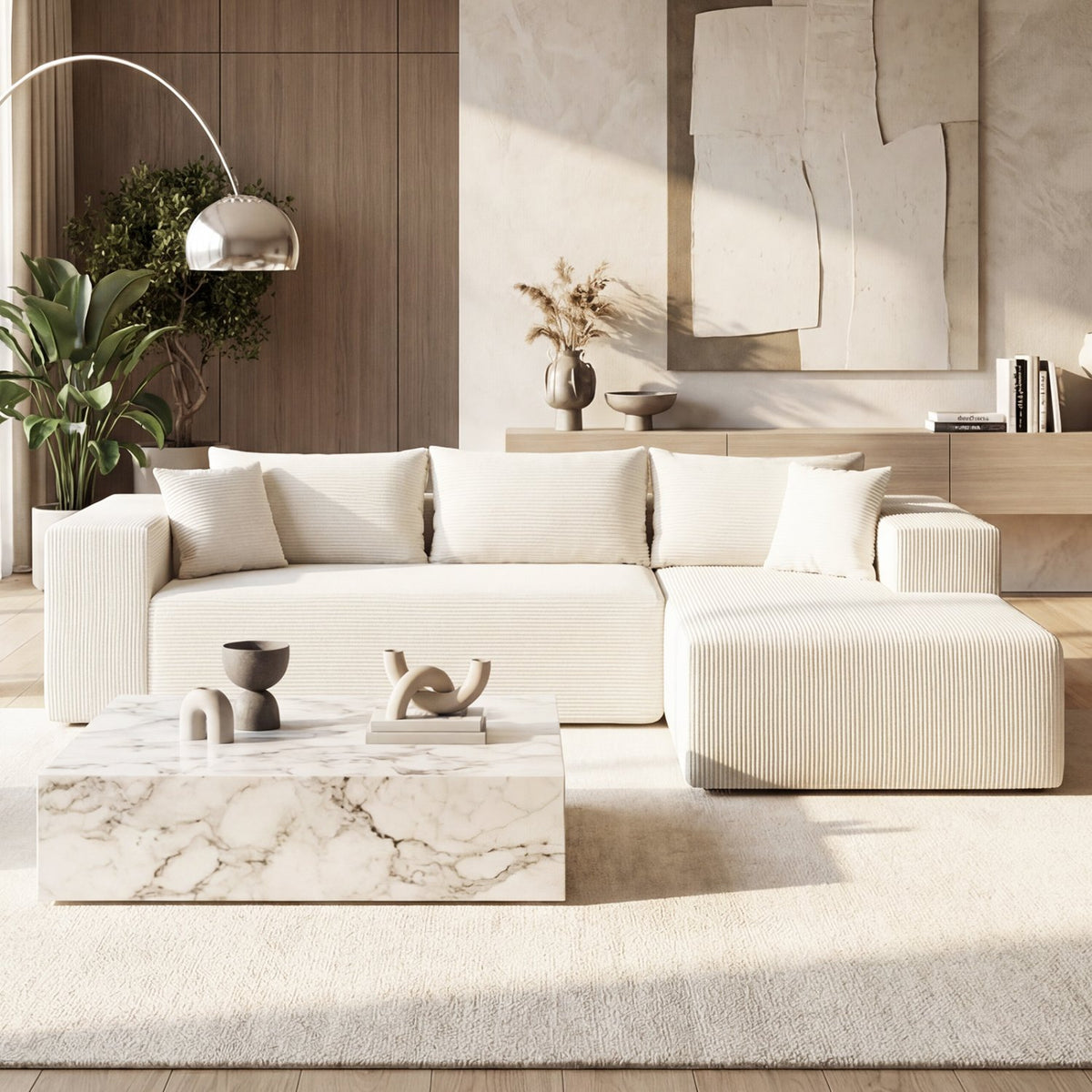 Modular Sectional Sofa Corduroy Upholstered L-shaped Sofa Couch with Deep Seats-Beige view 3
