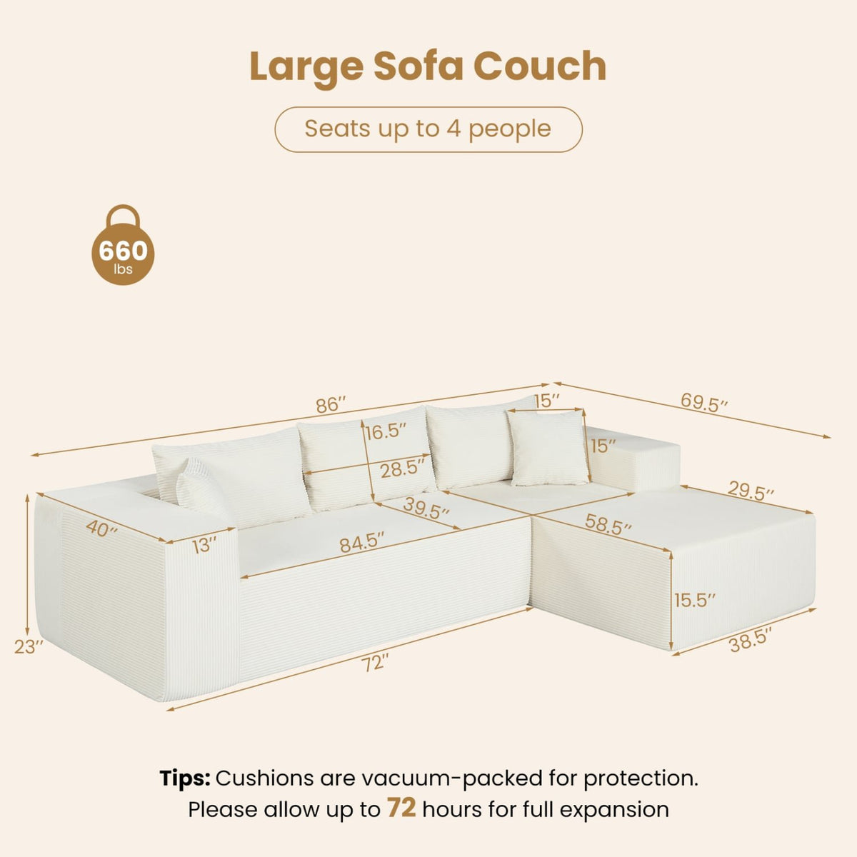 Modular Sectional Sofa Corduroy Upholstered L-shaped Sofa Couch with Deep Seats-Beige view 4