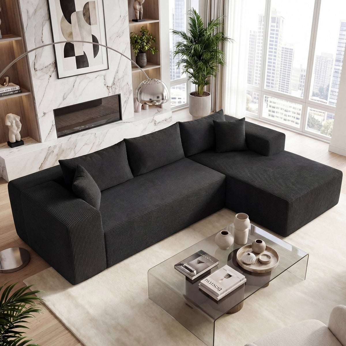 Modular Sectional Sofa Corduroy Upholstered L-shaped Sofa Couch with Deep Seats-Black view 2