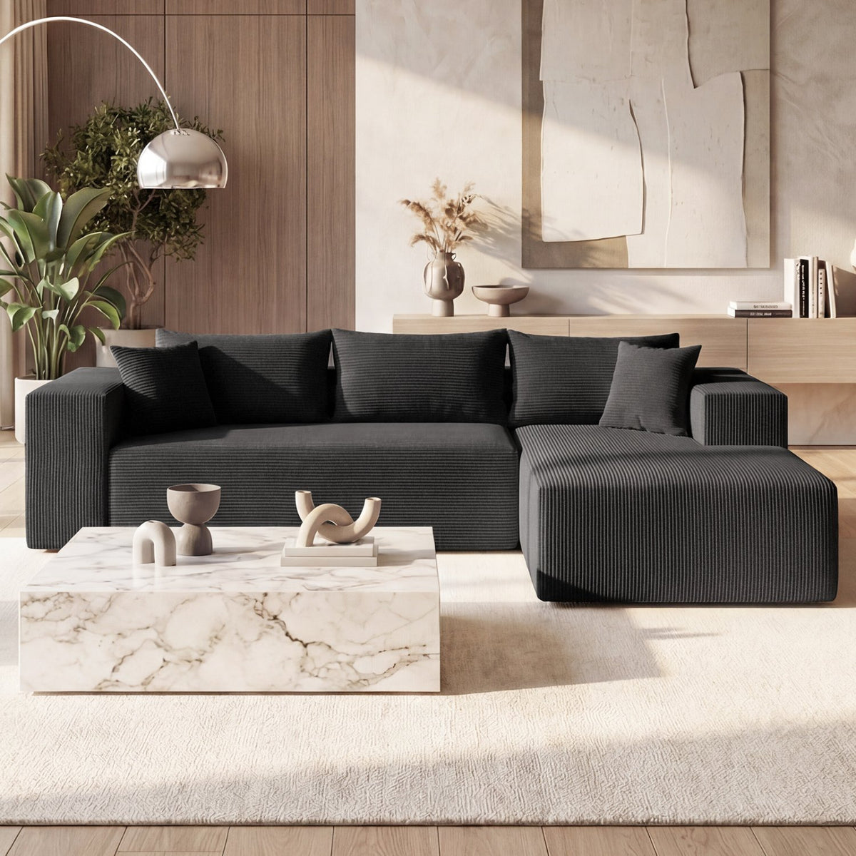 Modular Sectional Sofa Corduroy Upholstered L-shaped Sofa Couch with Deep Seats-Black view 3