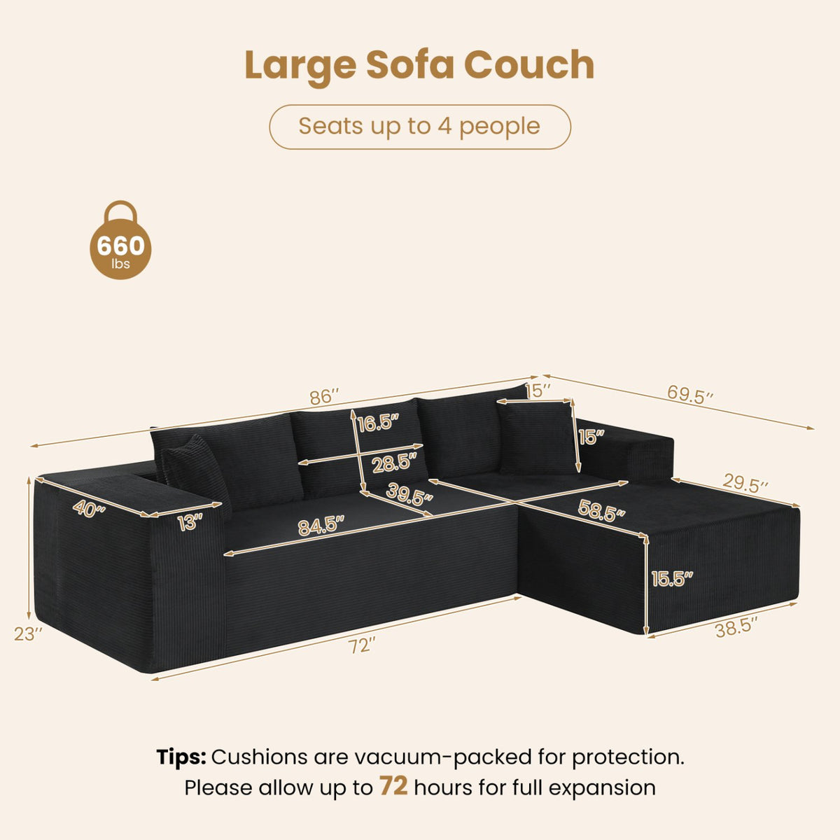 Modular Sectional Sofa Corduroy Upholstered L-shaped Sofa Couch with Deep Seats-Black view 4