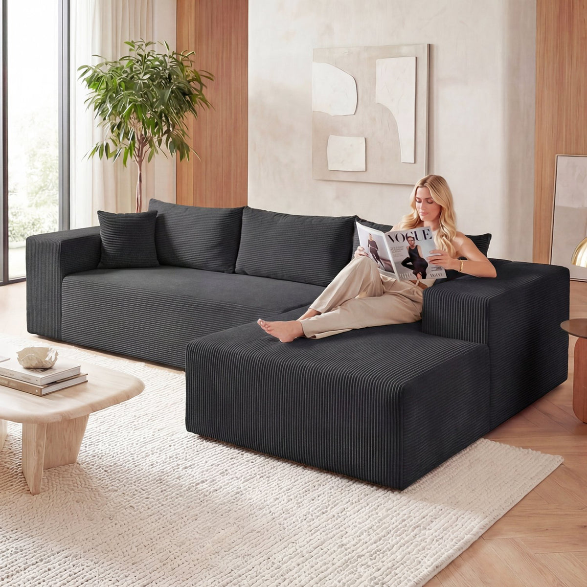 Modular Sectional Sofa Corduroy Upholstered L-shaped Sofa Couch with Deep Seats-Black view 5