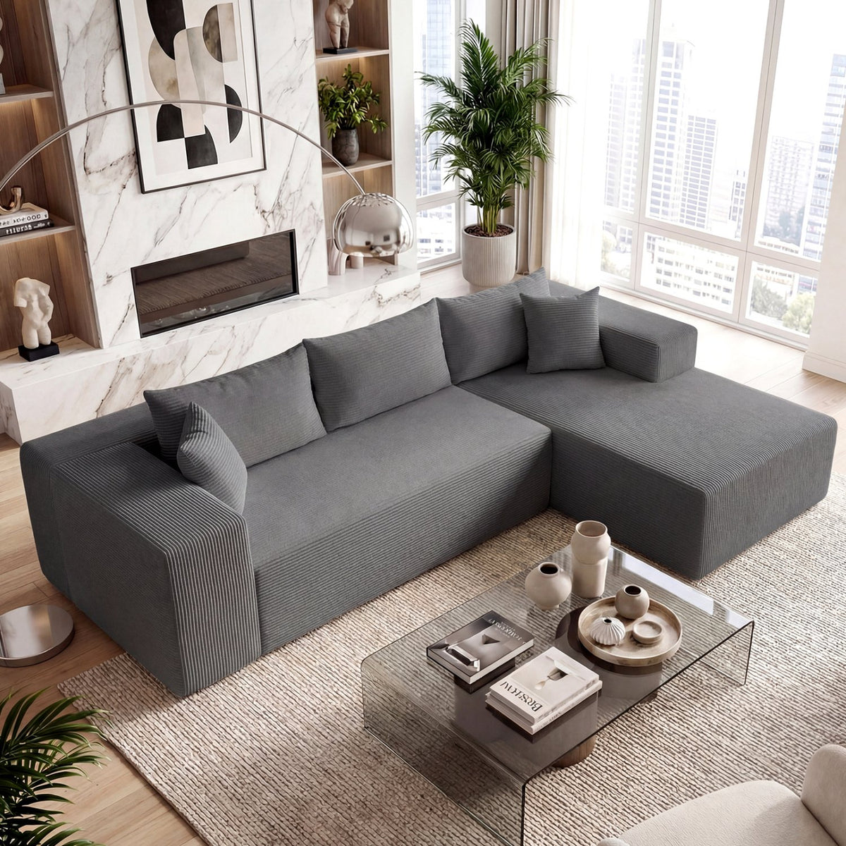 Modular Sectional Sofa Corduroy Upholstered L-shaped Sofa Couch with Deep Seats-Gray view 2