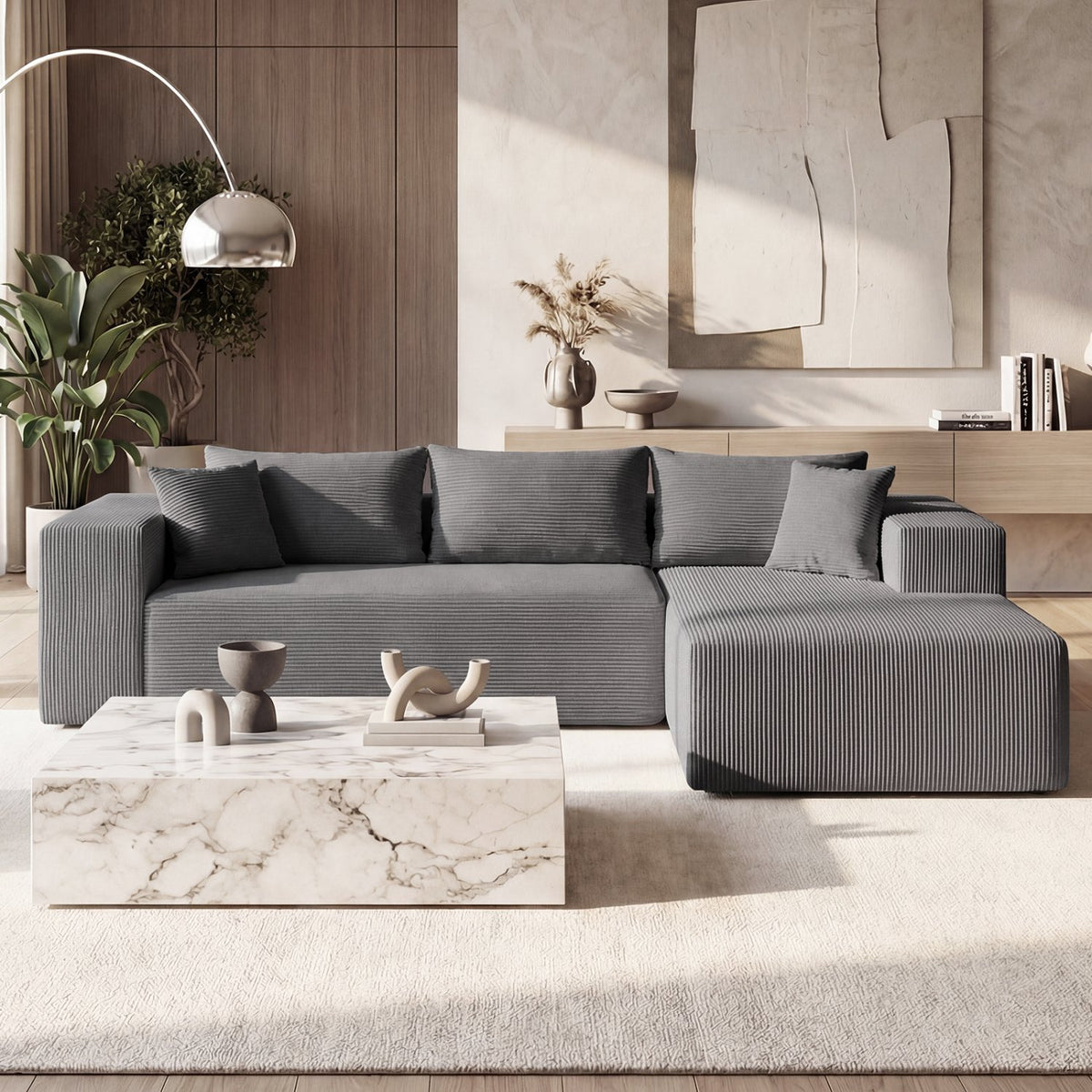 Modular Sectional Sofa Corduroy Upholstered L-shaped Sofa Couch with Deep Seats-Gray view 3