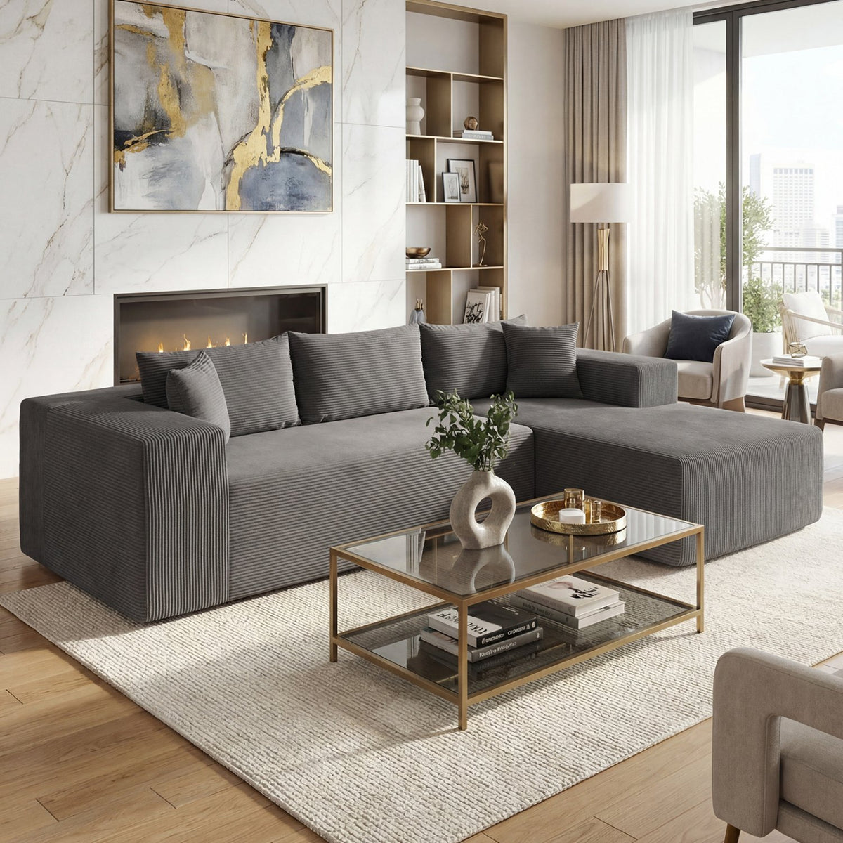 Modular Sectional Sofa Corduroy Upholstered L-shaped Sofa Couch with Deep Seats-Gray view 6