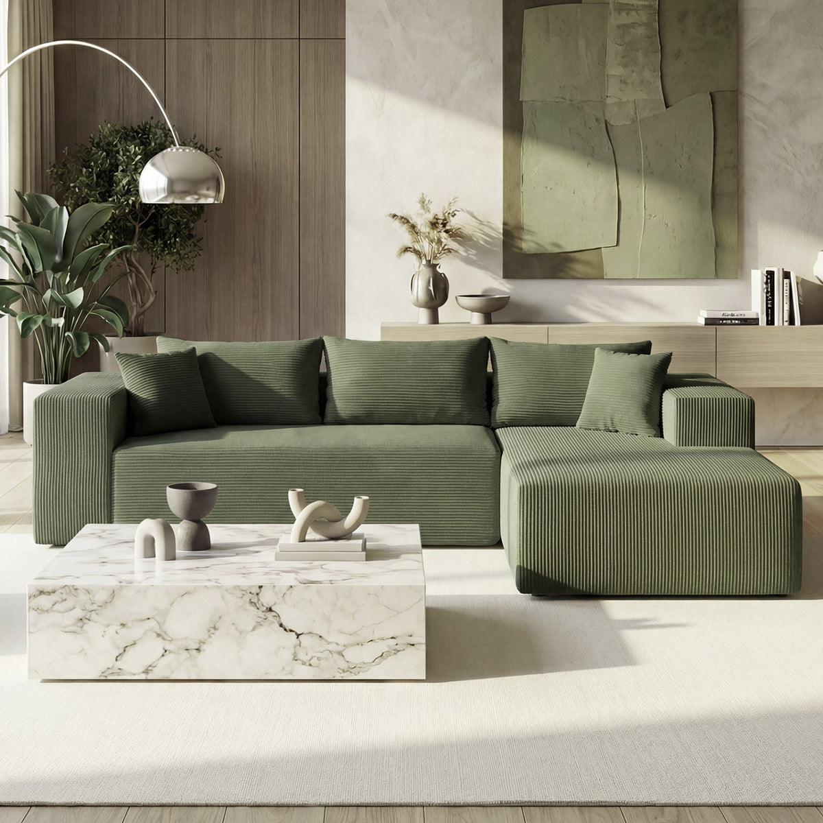 Modular Sectional Sofa Corduroy Upholstered L-shaped Sofa Couch with Deep Seats-Green view 3