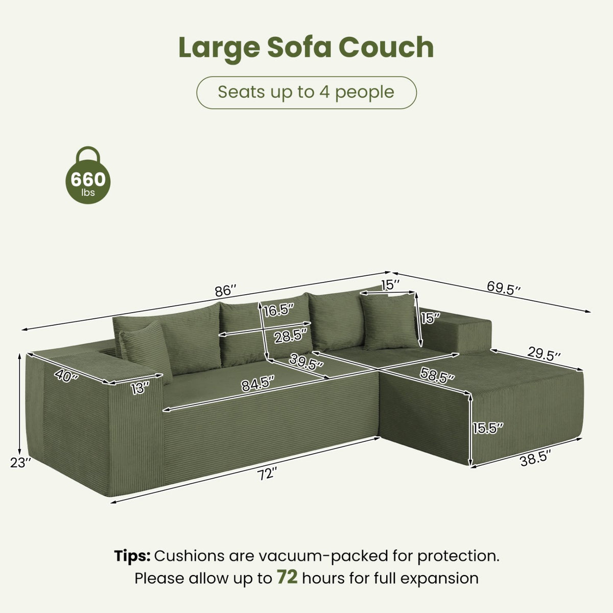 Modular Sectional Sofa Corduroy Upholstered L-shaped Sofa Couch with Deep Seats-Green view 4