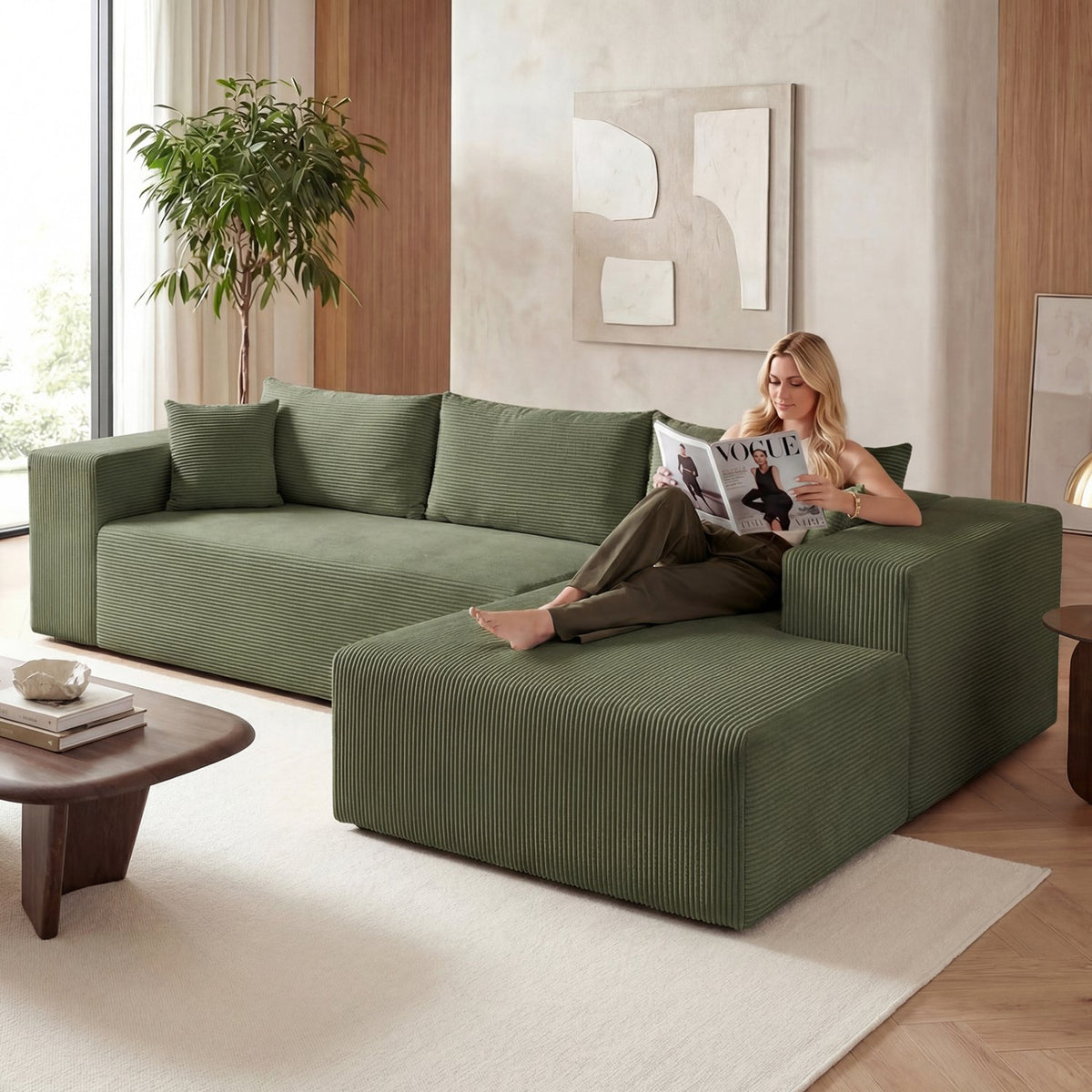 Modular Sectional Sofa Corduroy Upholstered L-shaped Sofa Couch with Deep Seats-Green view 5