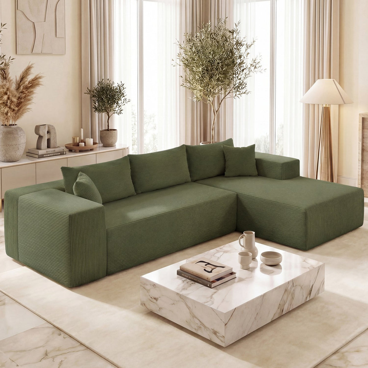 Modular Sectional Sofa Corduroy Upholstered L-shaped Sofa Couch with Deep Seats-Green view 6