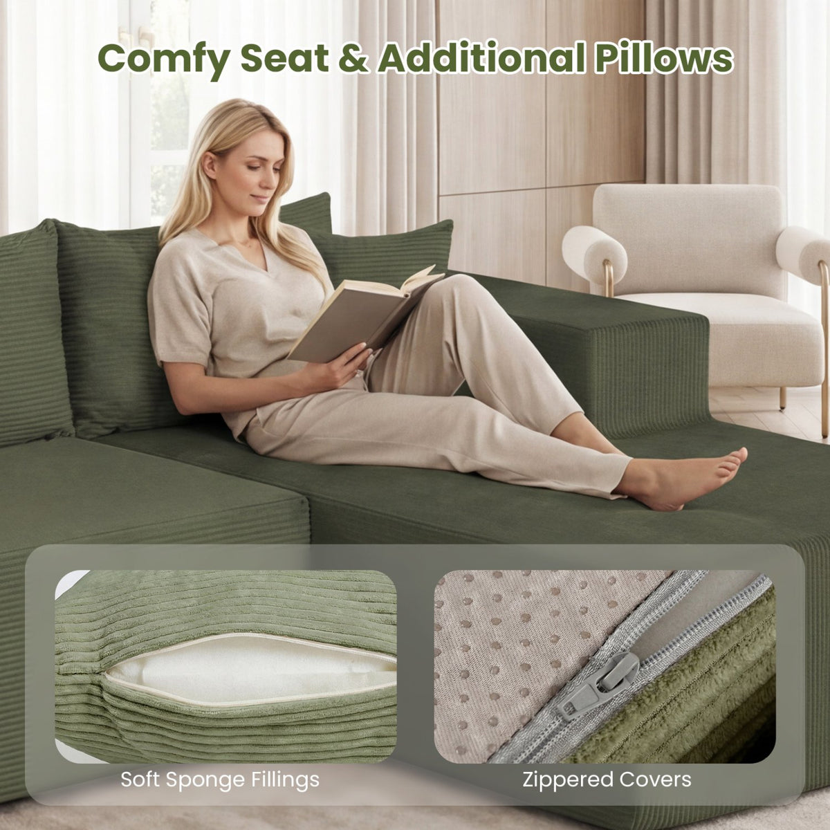 Modular Sectional Sofa Corduroy Upholstered L-shaped Sofa Couch with Deep Seats-Green view 8