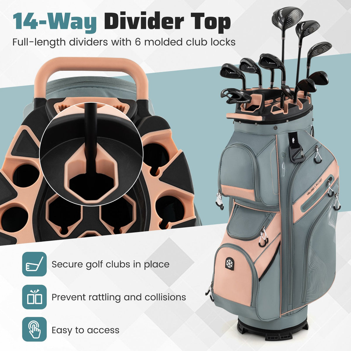 Molded Lock Top Golf Cart Bag with 14-Way Full Length Dividers and 11 Pockets-Orange view 5