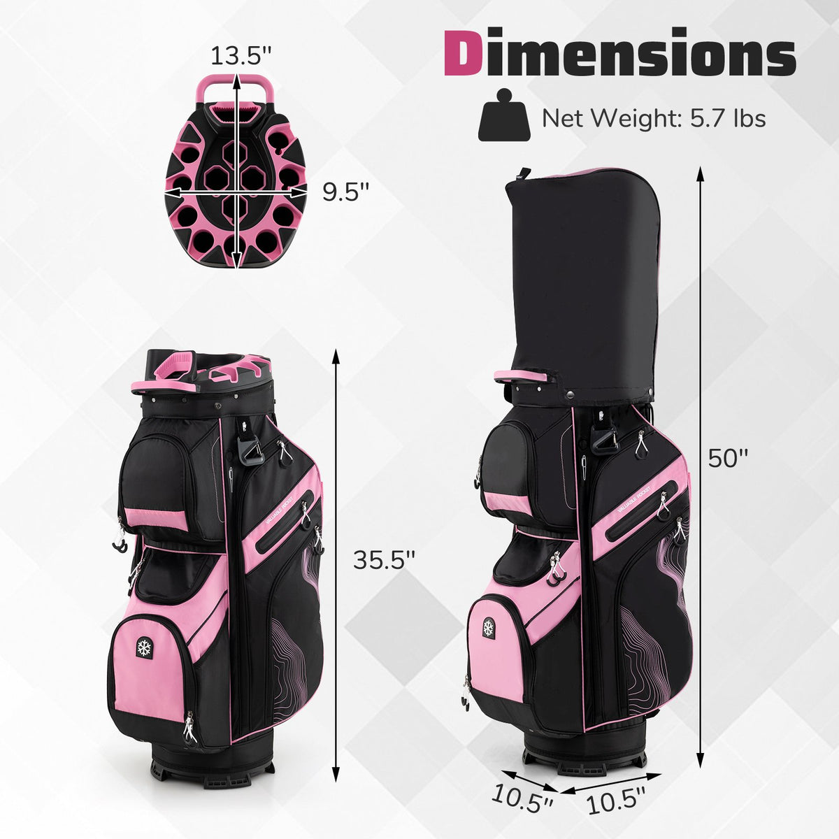 Molded Lock Top Golf Cart Bag with 14-Way Full Length Dividers and 11 Pockets-Pink view 3