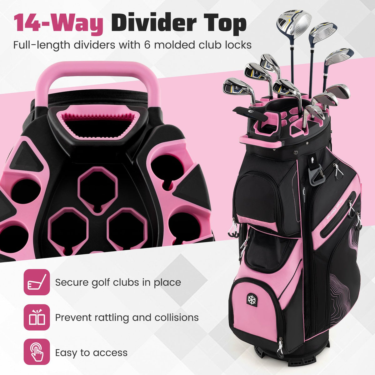 Molded Lock Top Golf Cart Bag with 14-Way Full Length Dividers and 11 Pockets-Pink view 5