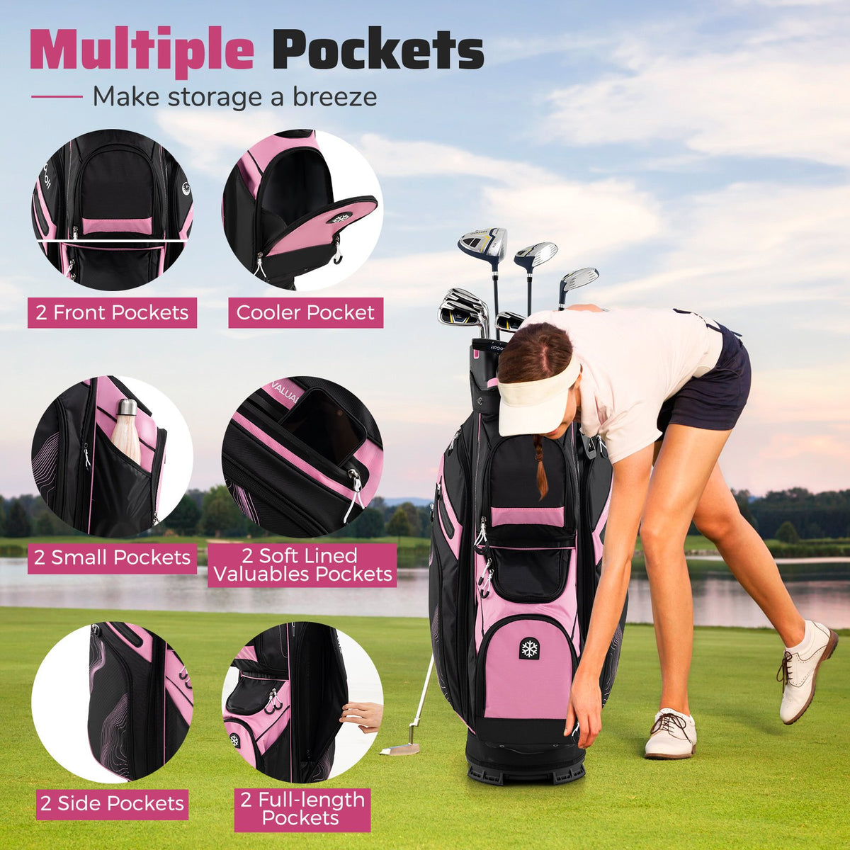 Molded Lock Top Golf Cart Bag with 14-Way Full Length Dividers and 11 Pockets-Pink view 6
