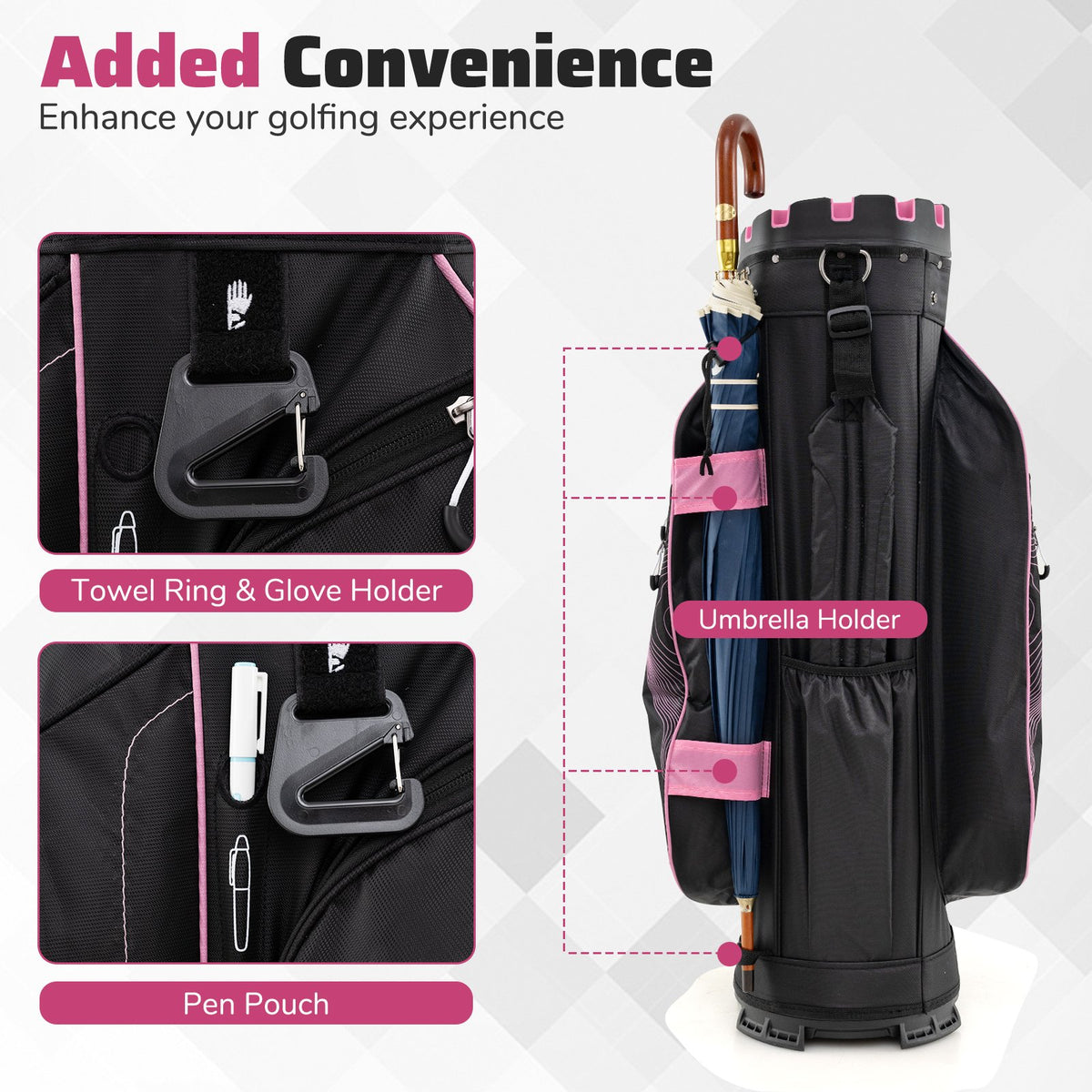 Molded Lock Top Golf Cart Bag with 14-Way Full Length Dividers and 11 Pockets-Pink view 7