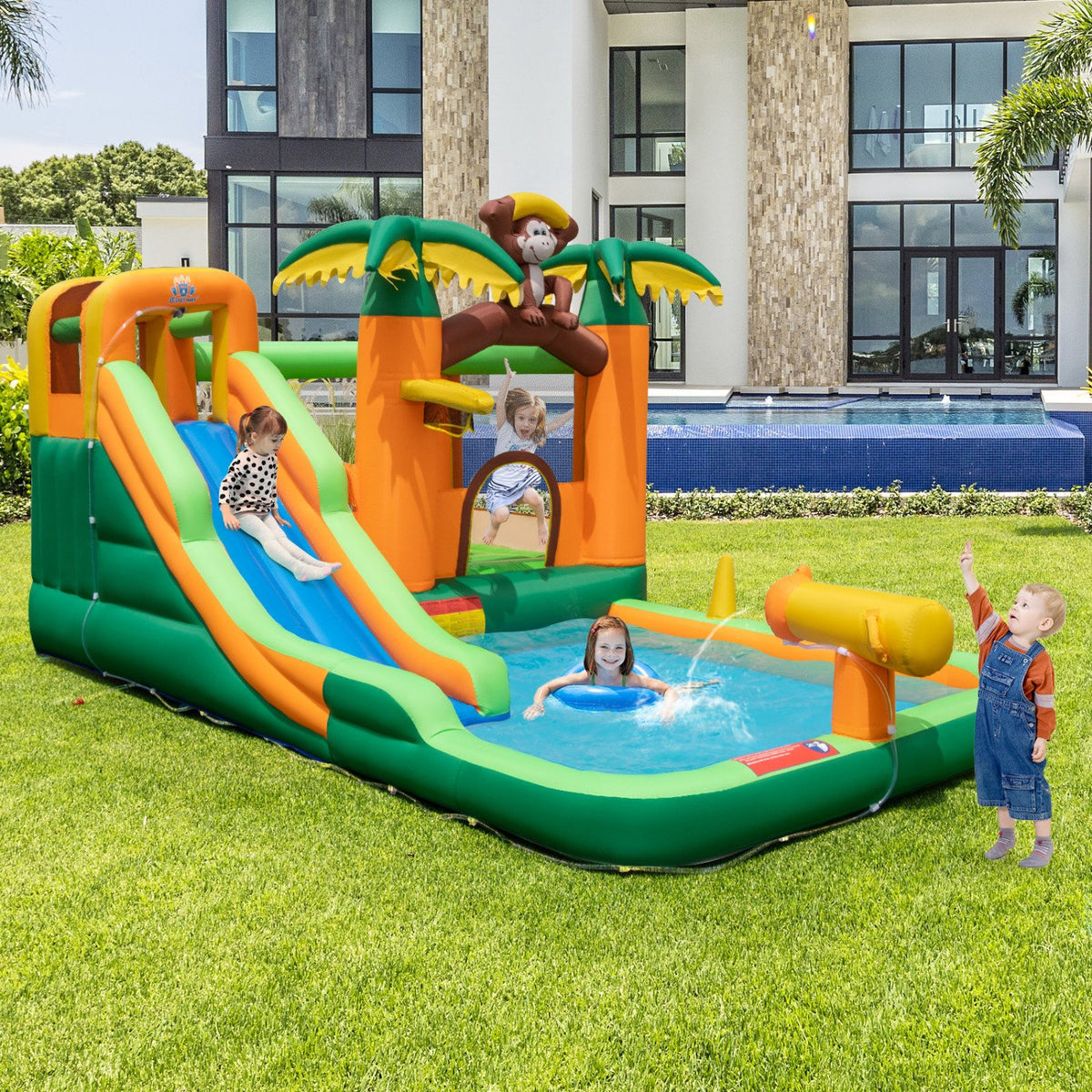 Monkey-Themed Inflatable Water Slide with Jumping Area and Pool with 680W Blower view 2