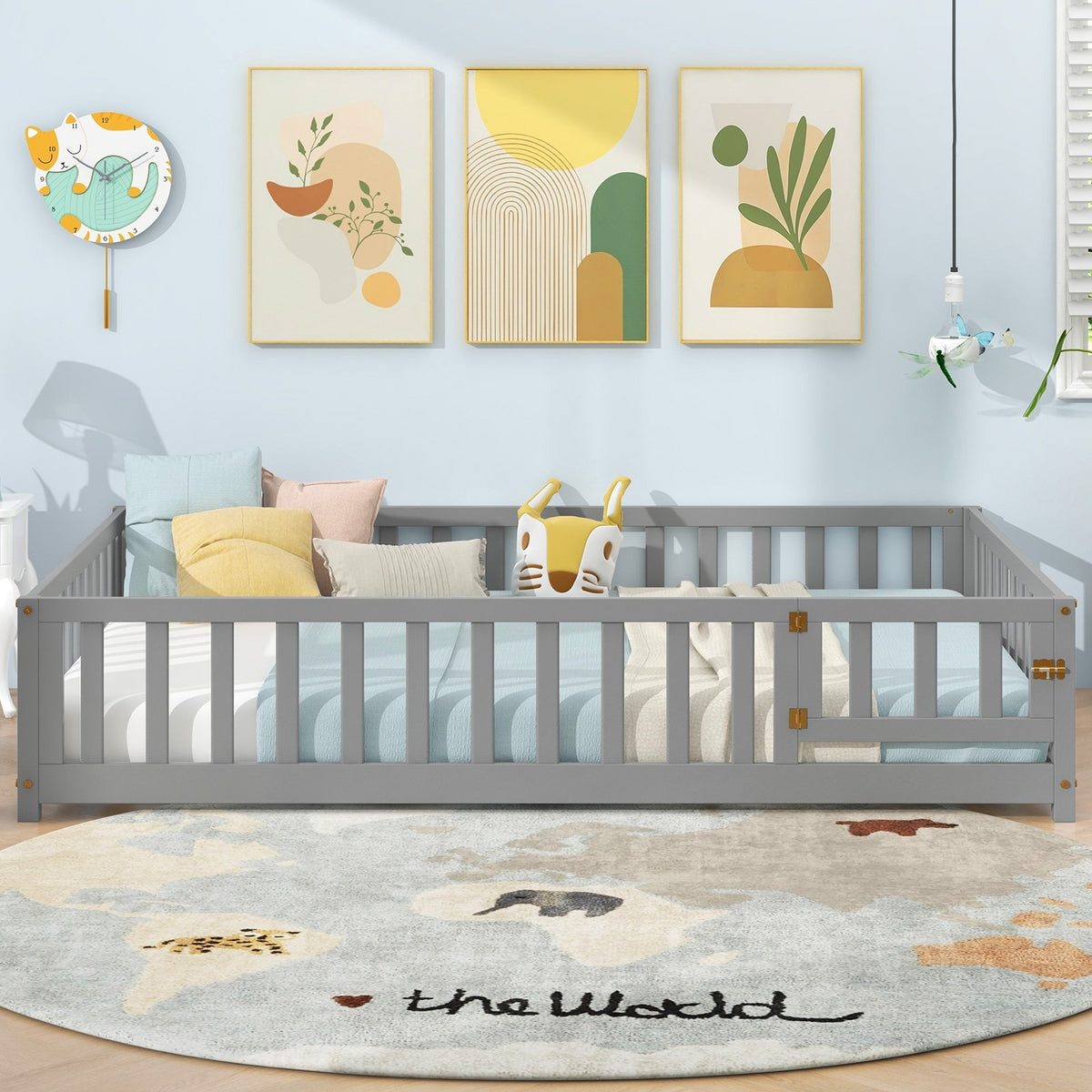 Montessori Bed Frame with Full-length Guardrails Safety Door and Latch-Gray view 2