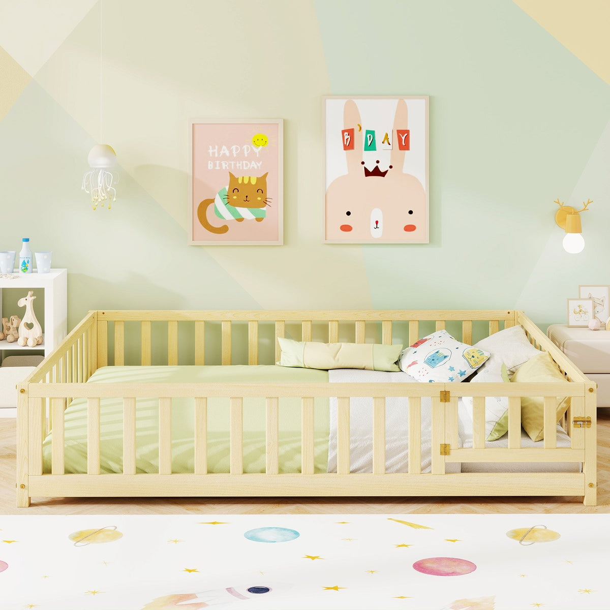 Montessori Bed Frame with Full-length Guardrails Safety Door and Latch-Natural view 2