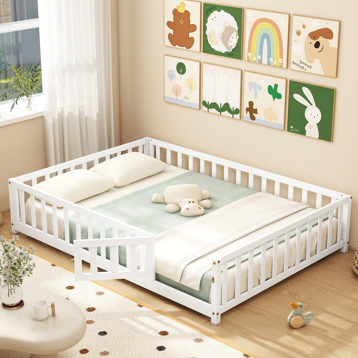 Montessori Bed Frame with Full-length Guardrails Safety Door and Latch-White view 2