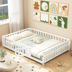 Montessori Bed Frame with Full-length Guardrails Safety Door and Latch-White view 2