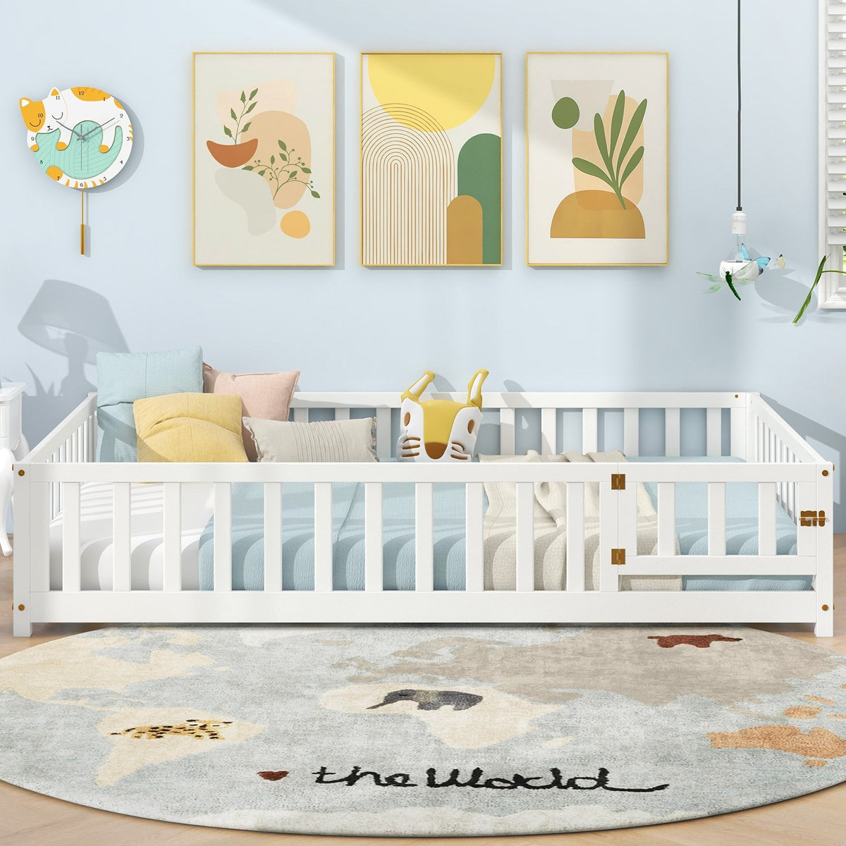 Montessori Bed Frame with Full-length Guardrails Safety Door and Latch-White view 3