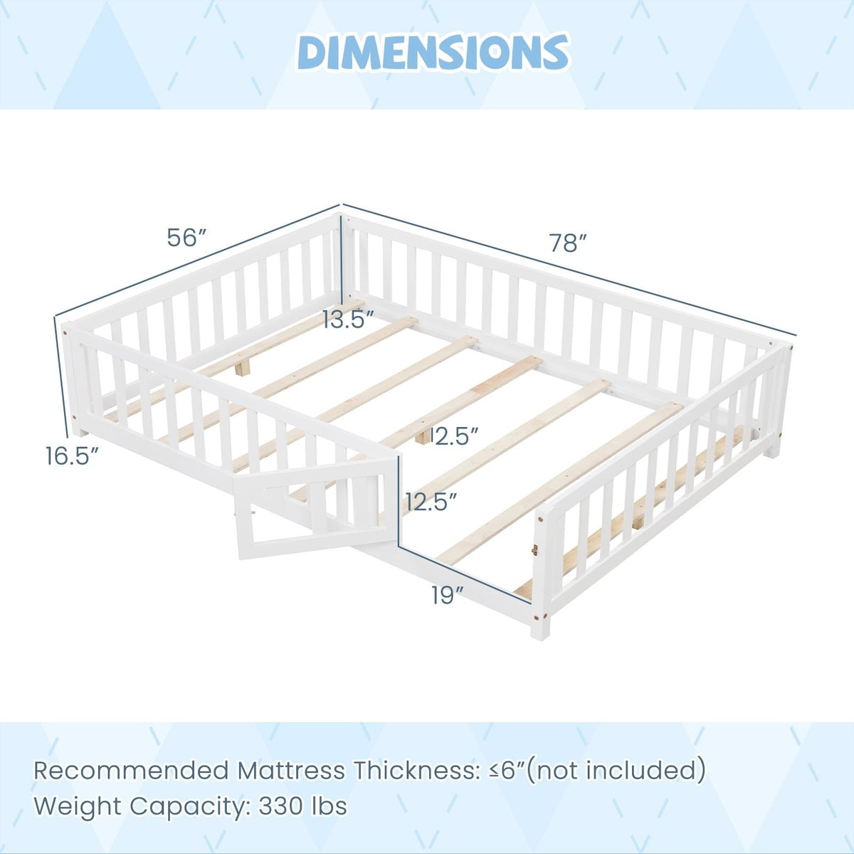 Montessori Bed Frame with Full-length Guardrails Safety Door and Latch-White view 4