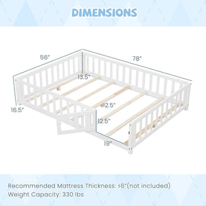 Montessori Bed Frame with Full-length Guardrails Safety Door and Latch-White view 4