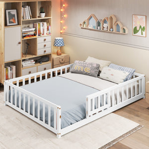 Montessori Bed Frame with Full-length Guardrails Safety Door and Latch-White view 5