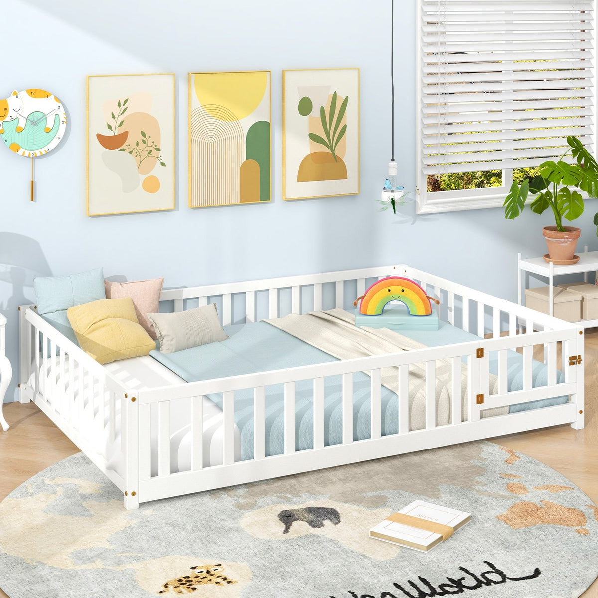 Montessori Bed Frame with Full-length Guardrails Safety Door and Latch-White view 6
