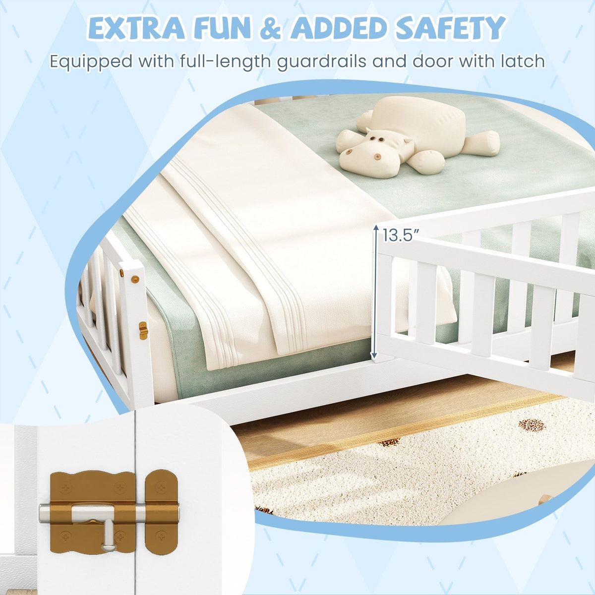 Montessori Bed Frame with Full-length Guardrails Safety Door and Latch-White view 7