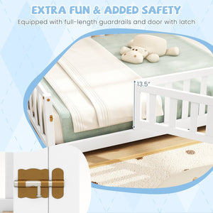 Montessori Bed Frame with Full-length Guardrails Safety Door and Latch-White view 7