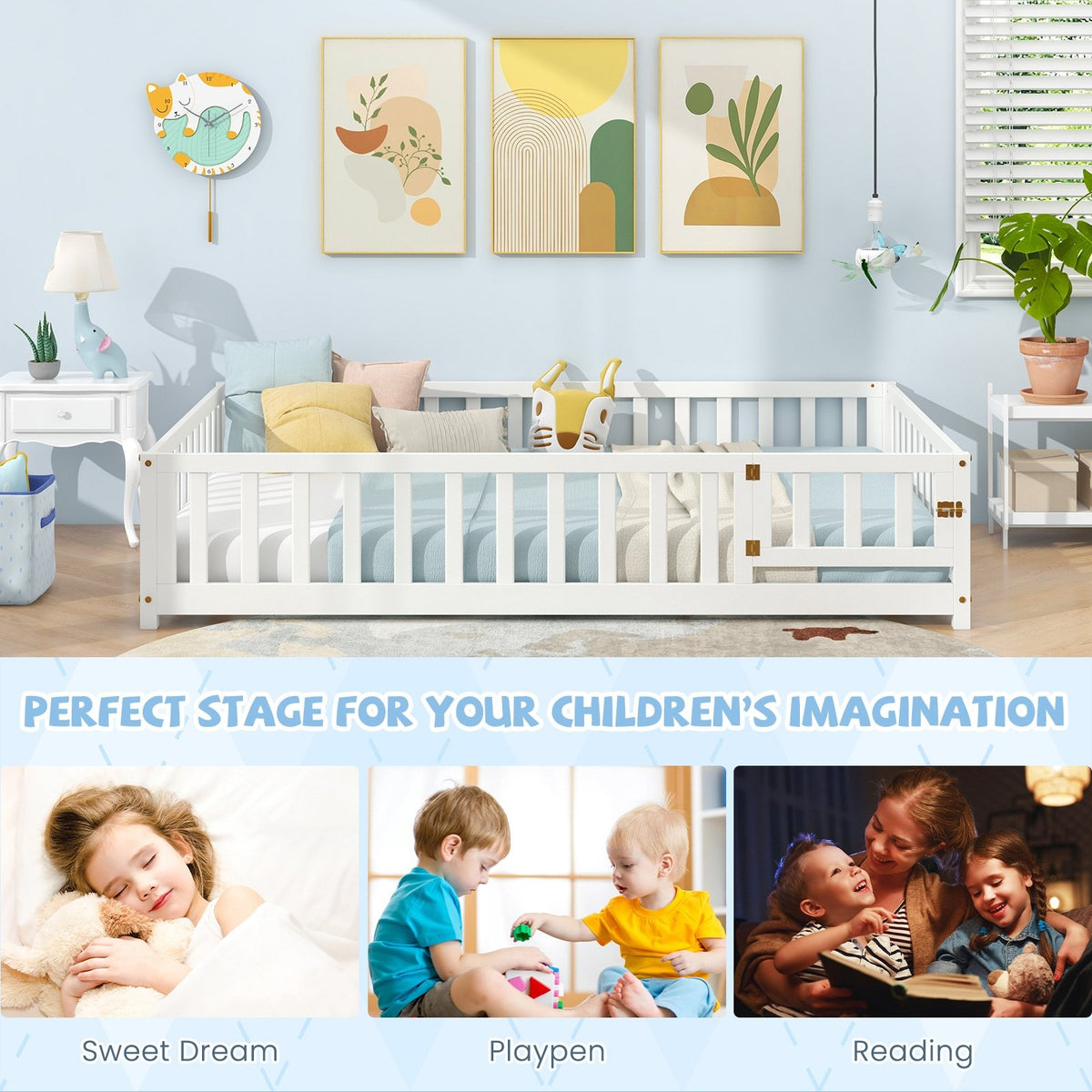 Montessori Bed Frame with Full-length Guardrails Safety Door and Latch-White view 9
