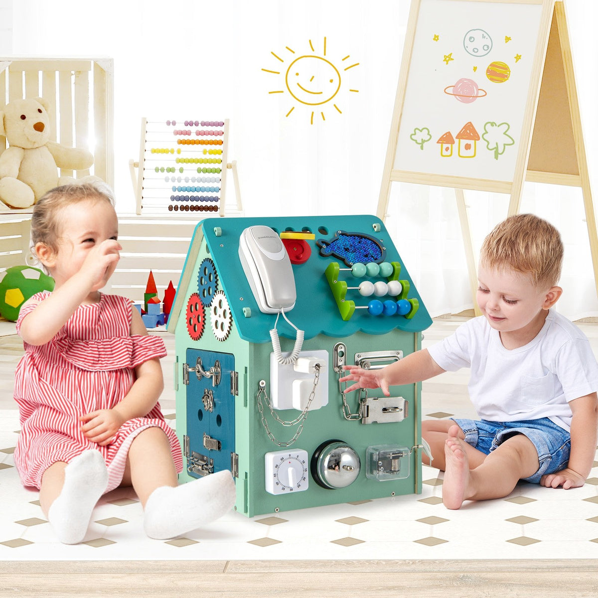 Montessori Play House with Sensory Games and Interior Storage Space-Blue view 2