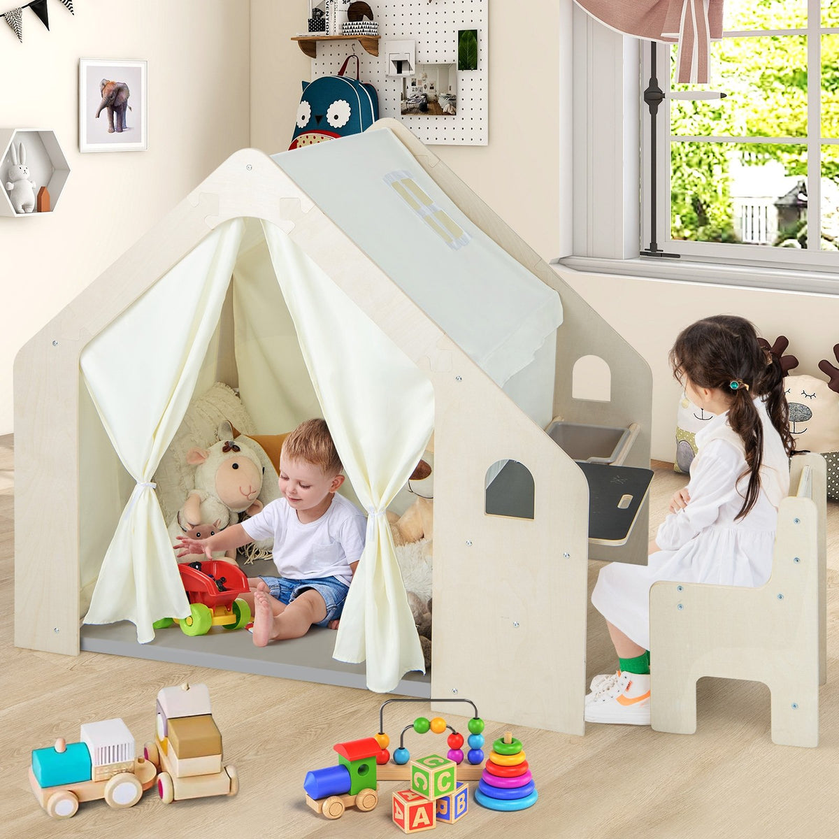 Montessori Style Indoor Playhouse with Storage Bin and Floor Mat for Toddlers Aged 2-6 Years Old-Beige view 2