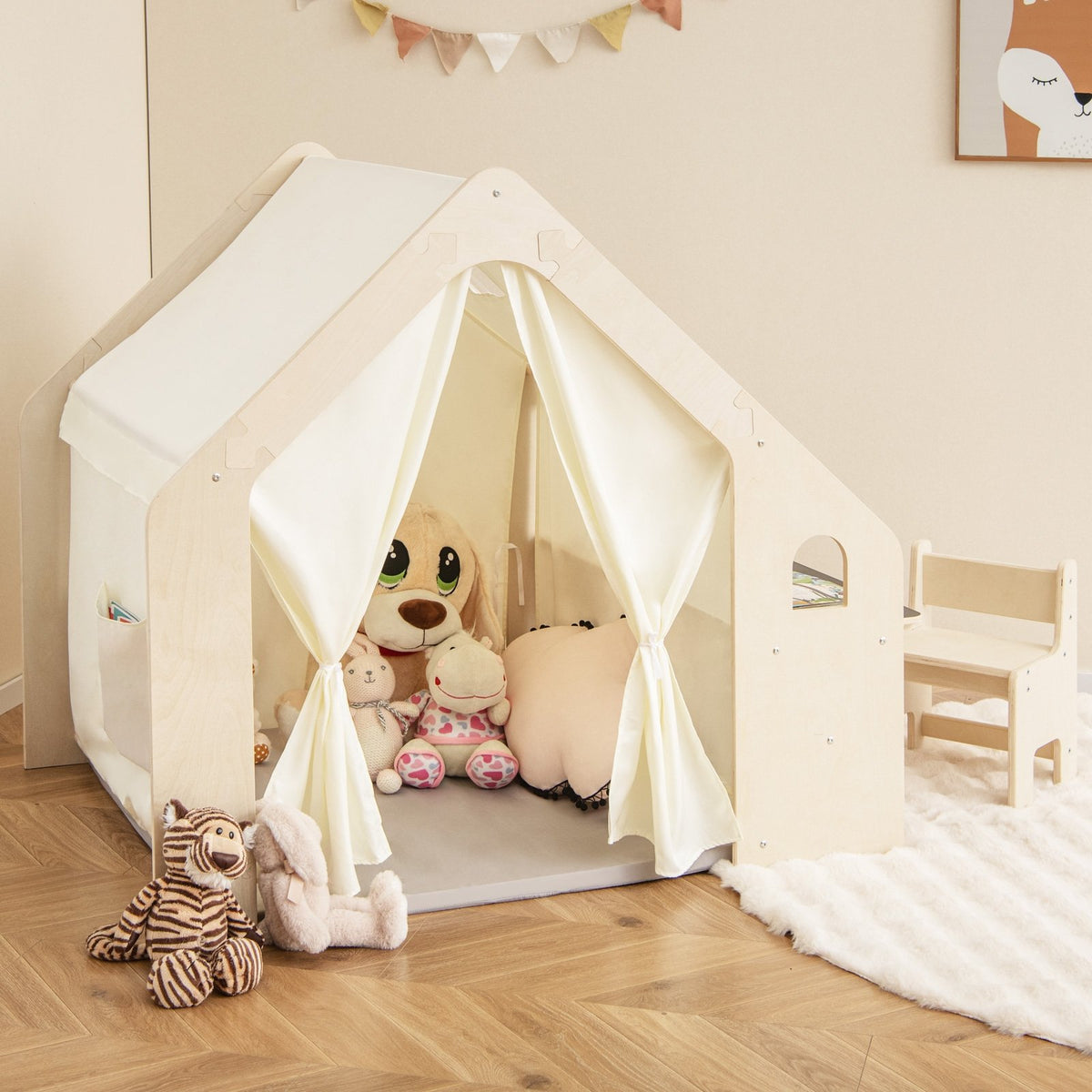 Montessori Style Indoor Playhouse with Storage Bin and Floor Mat for Toddlers Aged 2-6 Years Old-Beige view 3