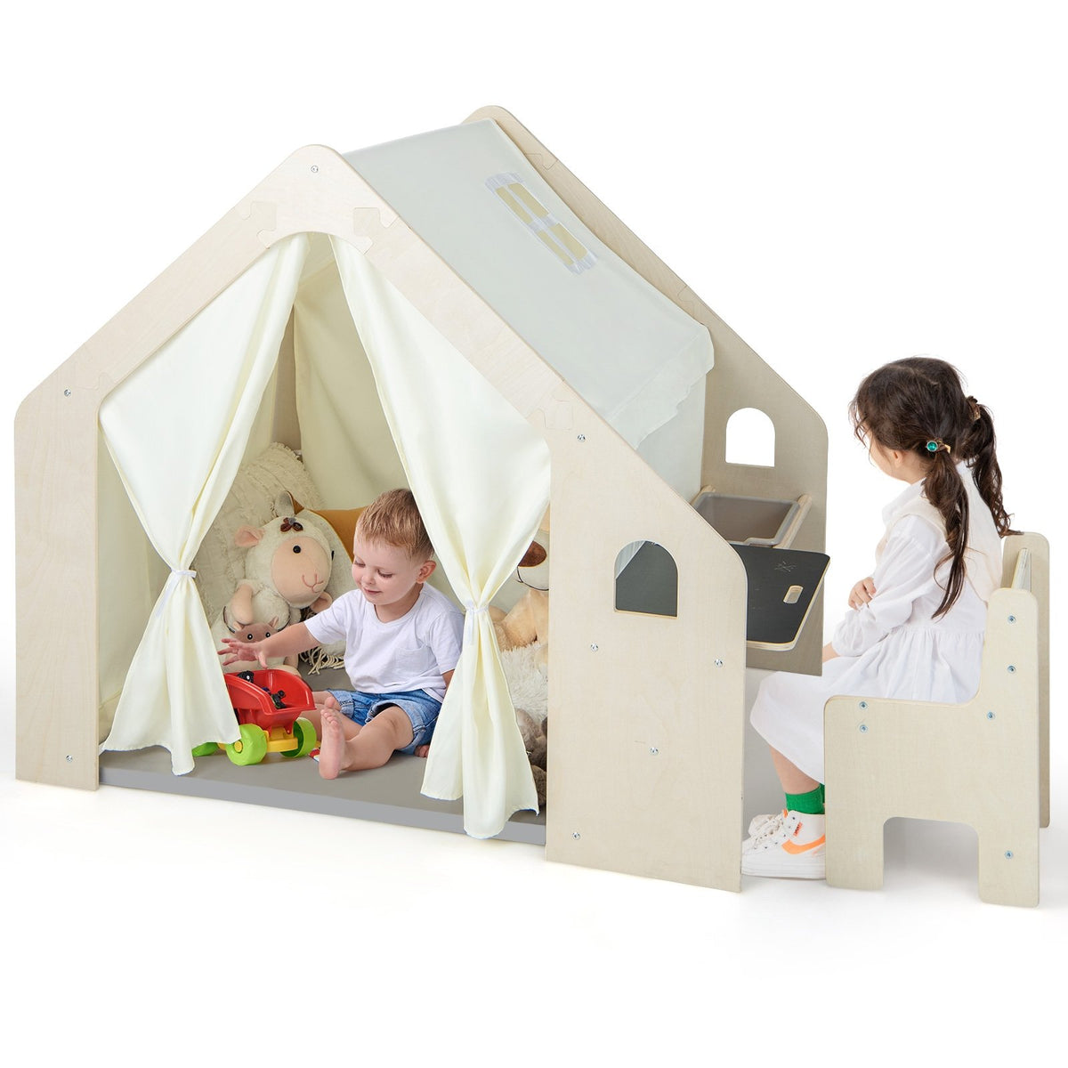 Montessori Style Indoor Playhouse with Storage Bin and Floor Mat for Toddlers Aged 2-6 Years Old-Beige view 4