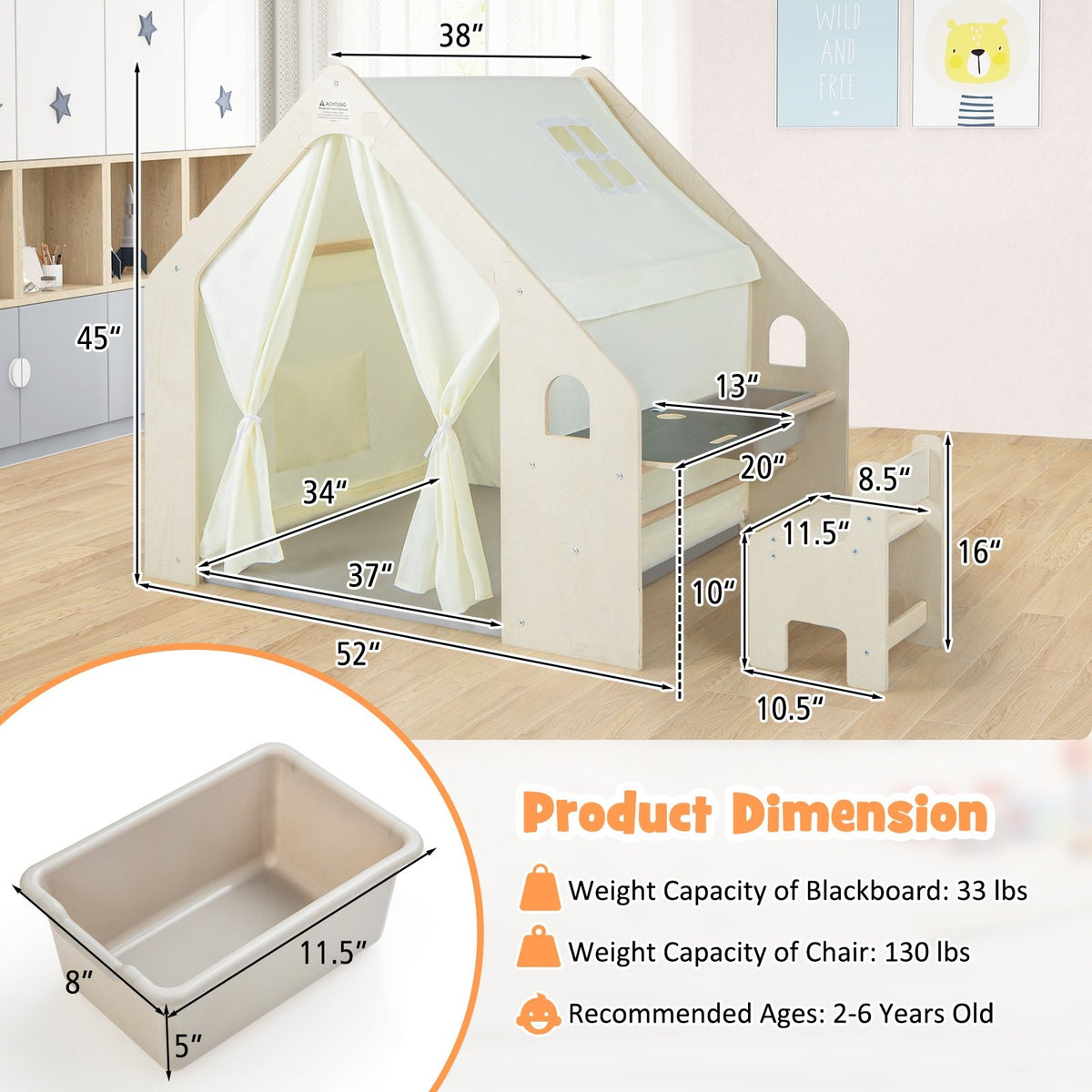 Montessori Style Indoor Playhouse with Storage Bin and Floor Mat for Toddlers Aged 2-6 Years Old-Beige view 5