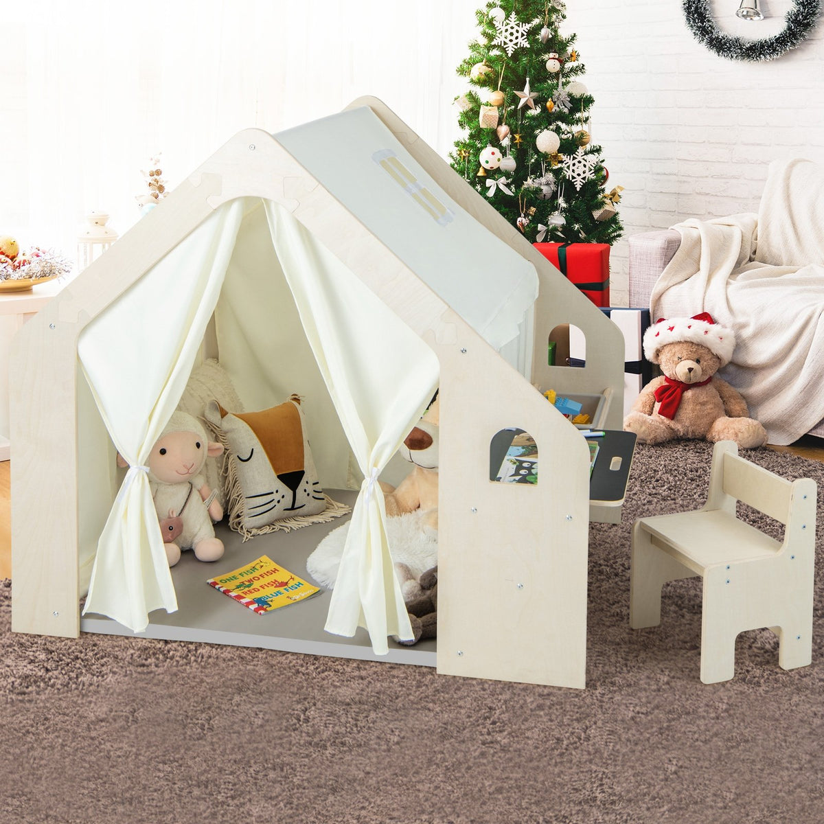 Montessori Style Indoor Playhouse with Storage Bin and Floor Mat for Toddlers Aged 2-6 Years Old-Beige view 6
