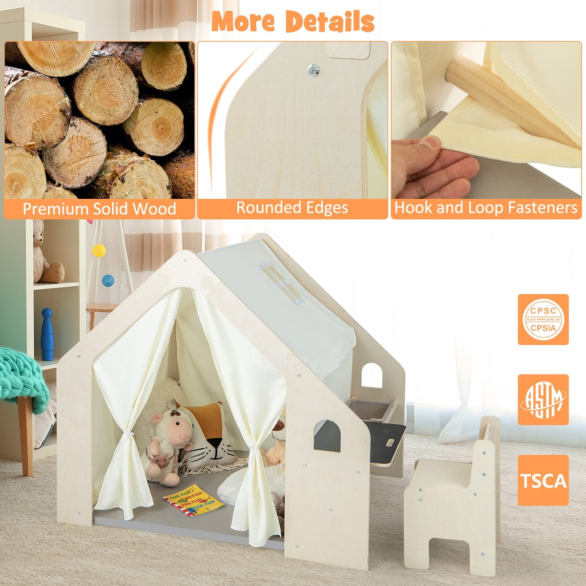 Montessori Style Indoor Playhouse with Storage Bin and Floor Mat for Toddlers Aged 2-6 Years Old-Beige view 8