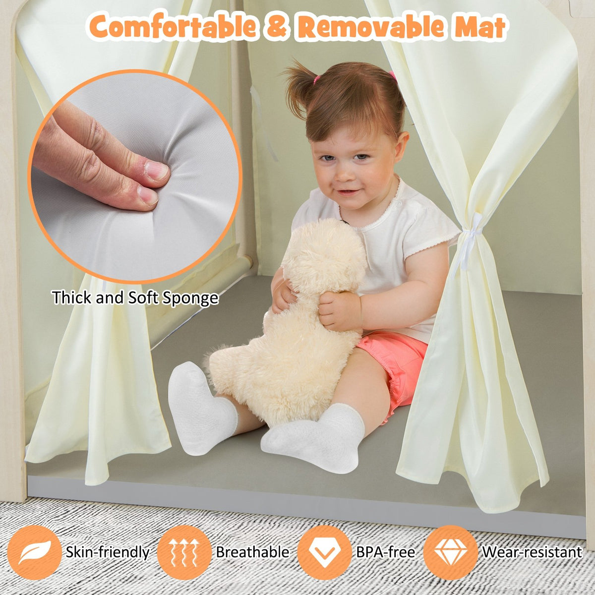 Montessori Style Indoor Playhouse with Storage Bin and Floor Mat for Toddlers Aged 2-6 Years Old-Beige view 9