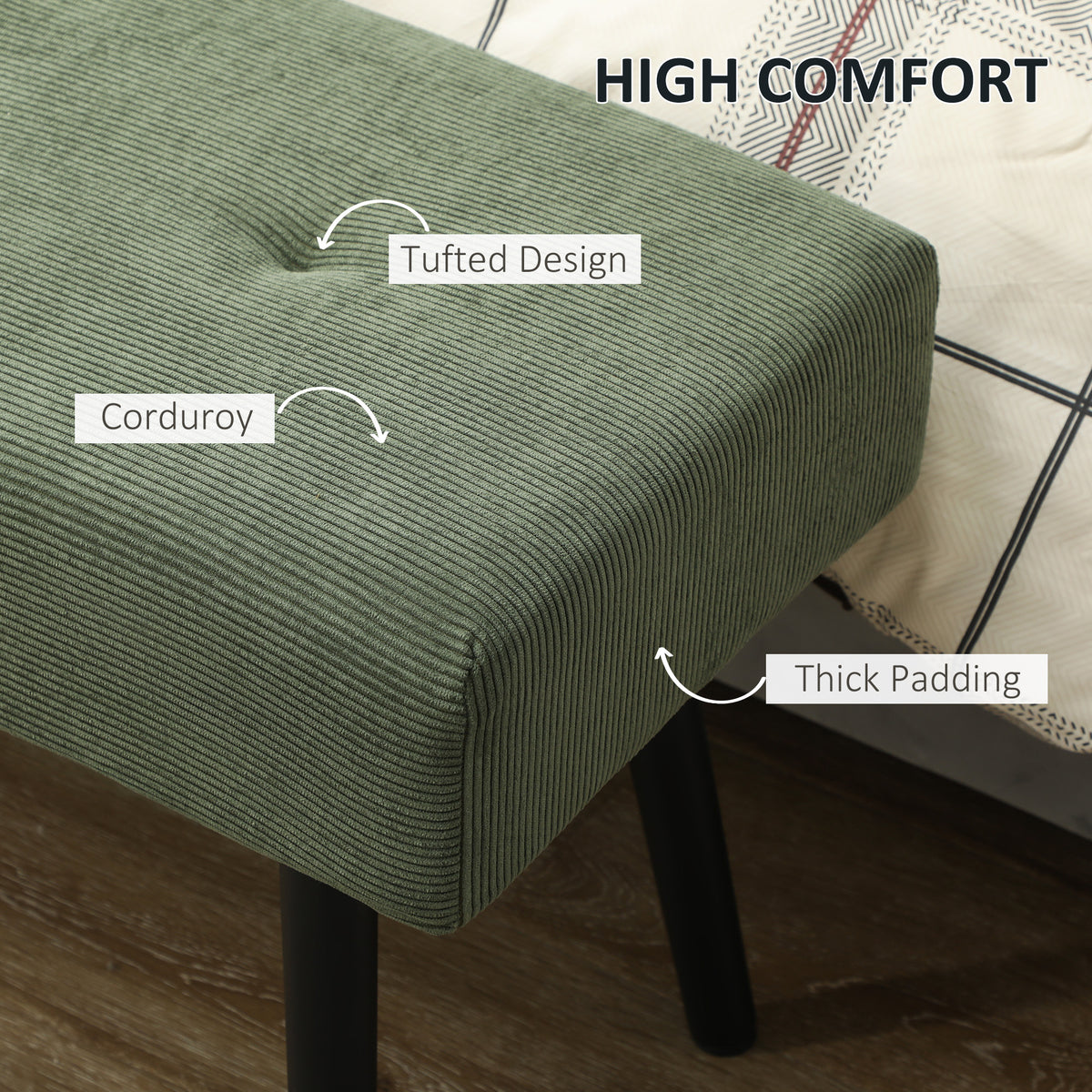 39" Upholstered Ottoman Bench, Corduroy Entryway Bedroom Bench with Padded Seat and Steel Legs for Bedroom – view 10