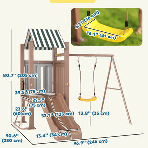 Qaba 4-in-1 Kids Swing Set for Playground with Slide, Covered Fort, Climbing Ladder, Ground Stakes, for Kids Ages 3-8, Brown