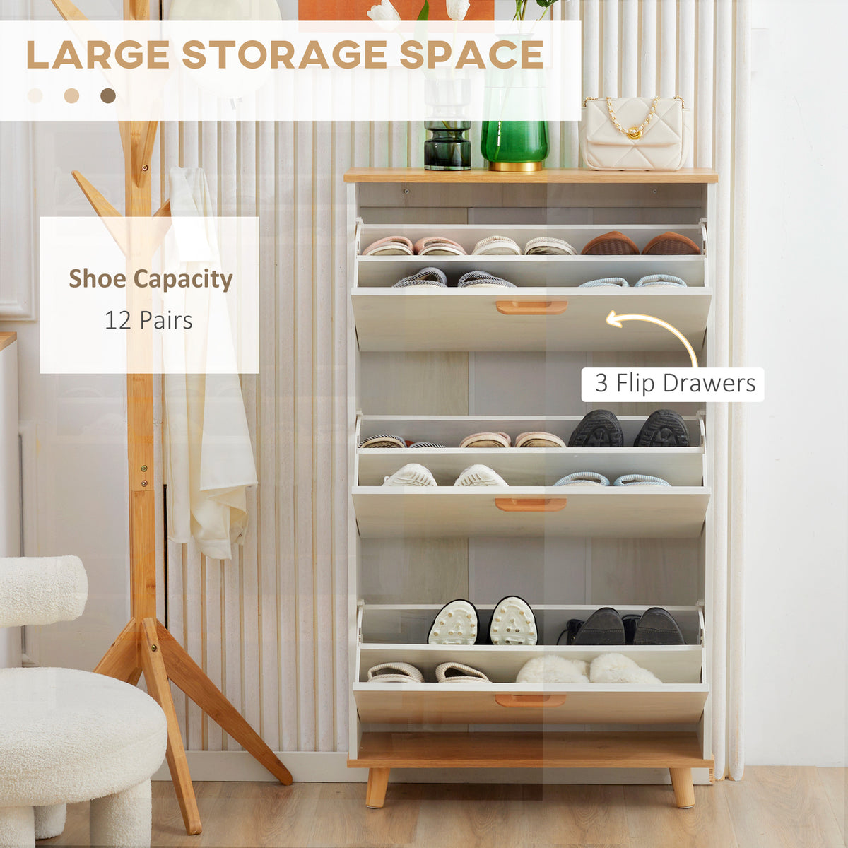 Modern Shoe Cabinet with 3 Flip Drawers and Adjustable Shelf, 12 Pair Shoe Storage Cabinet for Hallway, Entryway, White