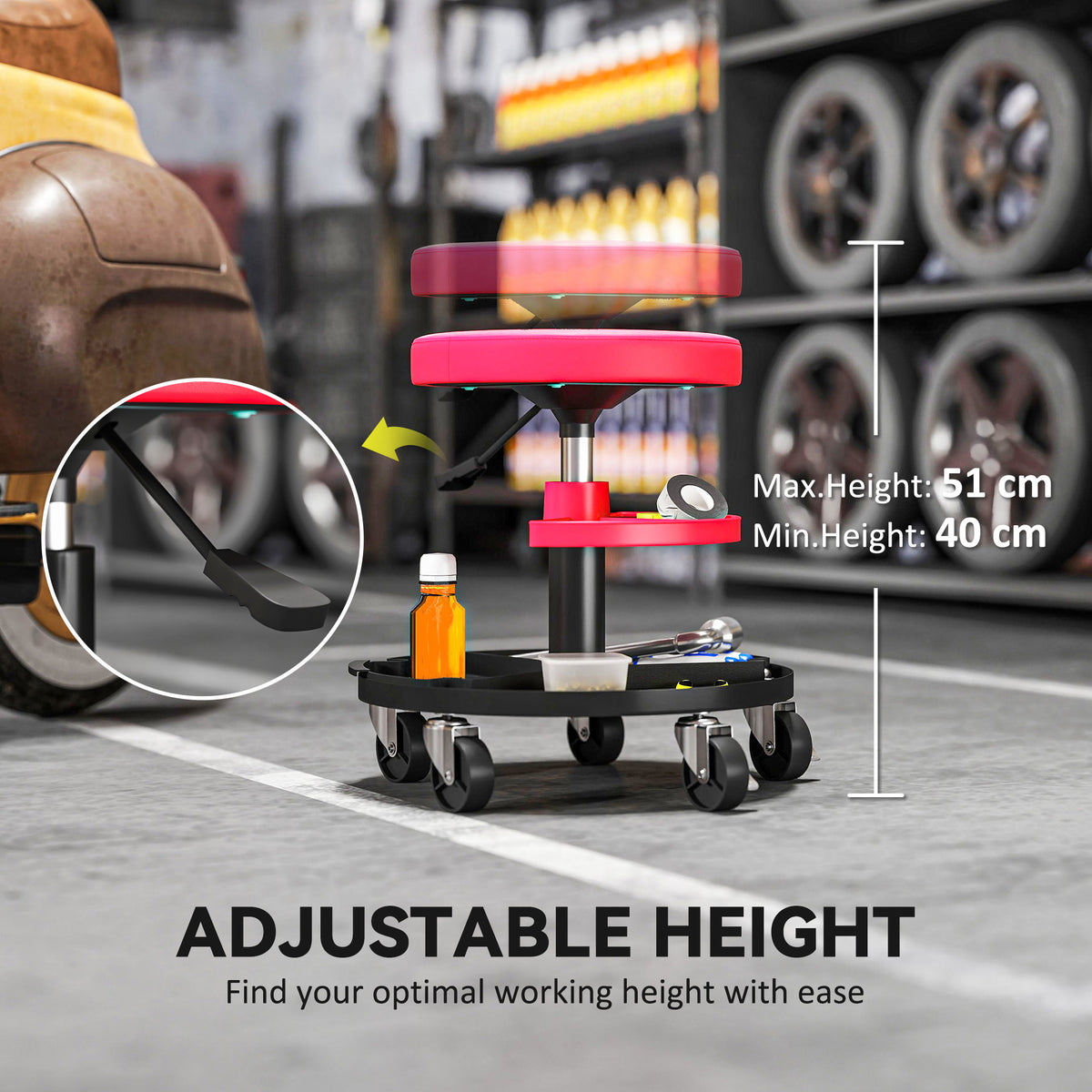 Rolling Garage Stool, 300 LBS Capacity Mechanic Stool with 2.5" Wheels, Tool Trays Storage – view 4