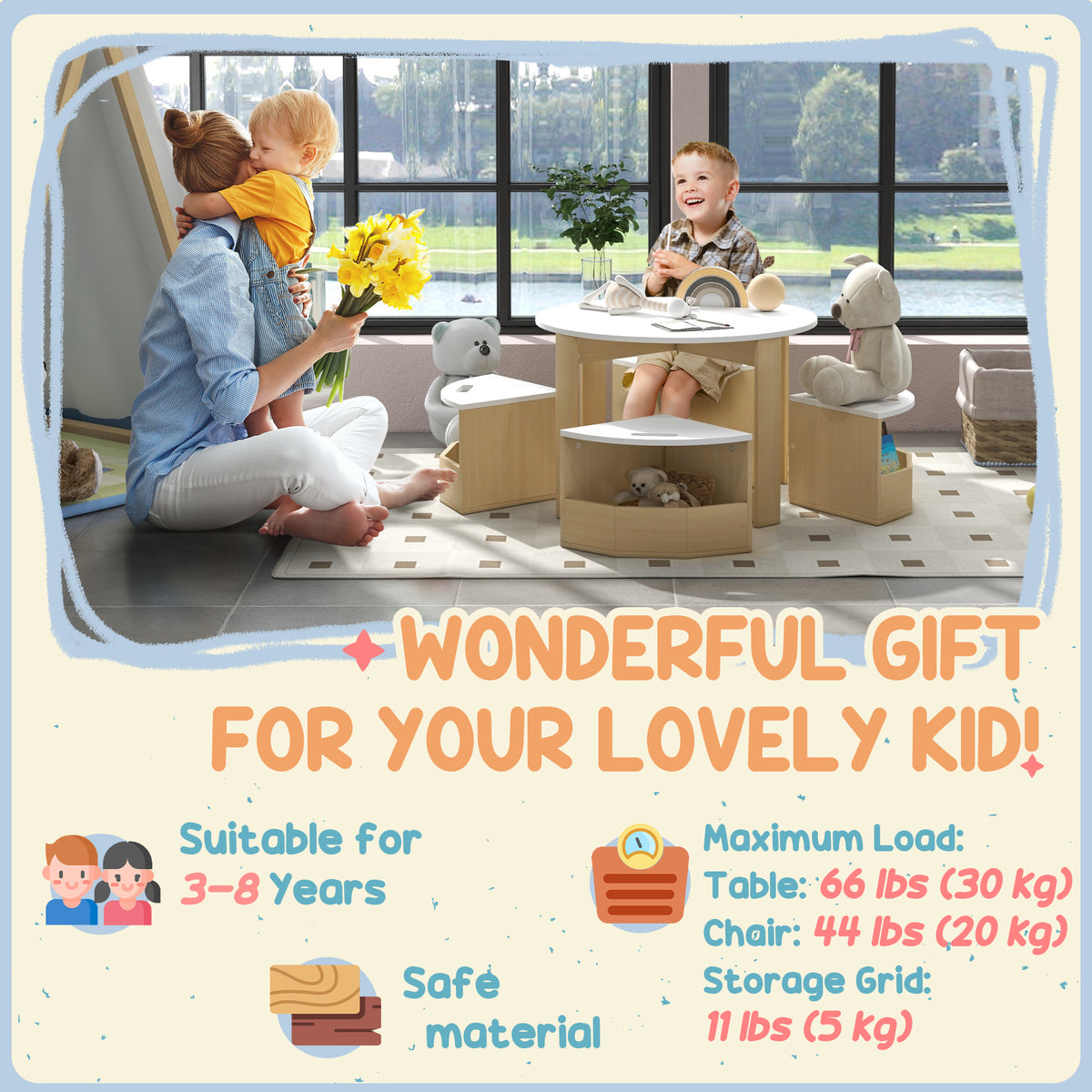 Qaba 5 Piece Kids Table and Chair Set with Storage for Kids Room