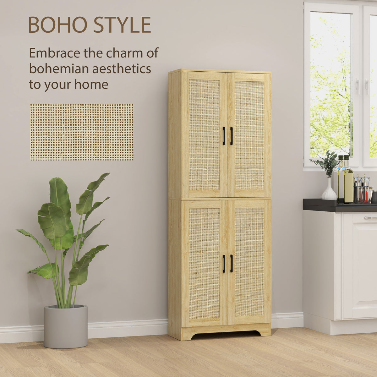 67" Tall Kitchen Pantry, Freestanding Kitchen Storage Cabinet with 4 Rattan Doors and Adjustable Shelves – view 6