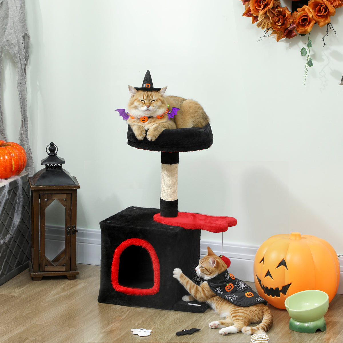 28" Cat Tree Tower with Plush Top Bed, Cozy Condo, Sisal Scratching Post, Perch, Dangling Ball, Beige and Yellow
