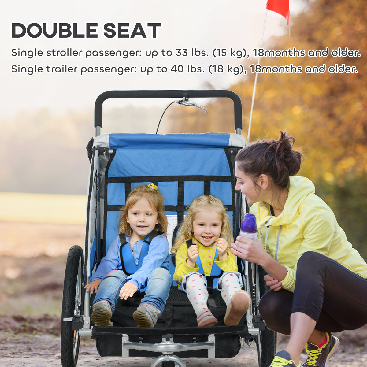 Aosom 2-in-1 Bike Trailer for Kids, Foldable 2-Seat Baby Stroller with 5-Point Harness, Rubber Wheels, Storage Bag